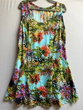 Blue Sky Tropical Floral Sleeveless Swing Dress Multi Blue Sz 1X